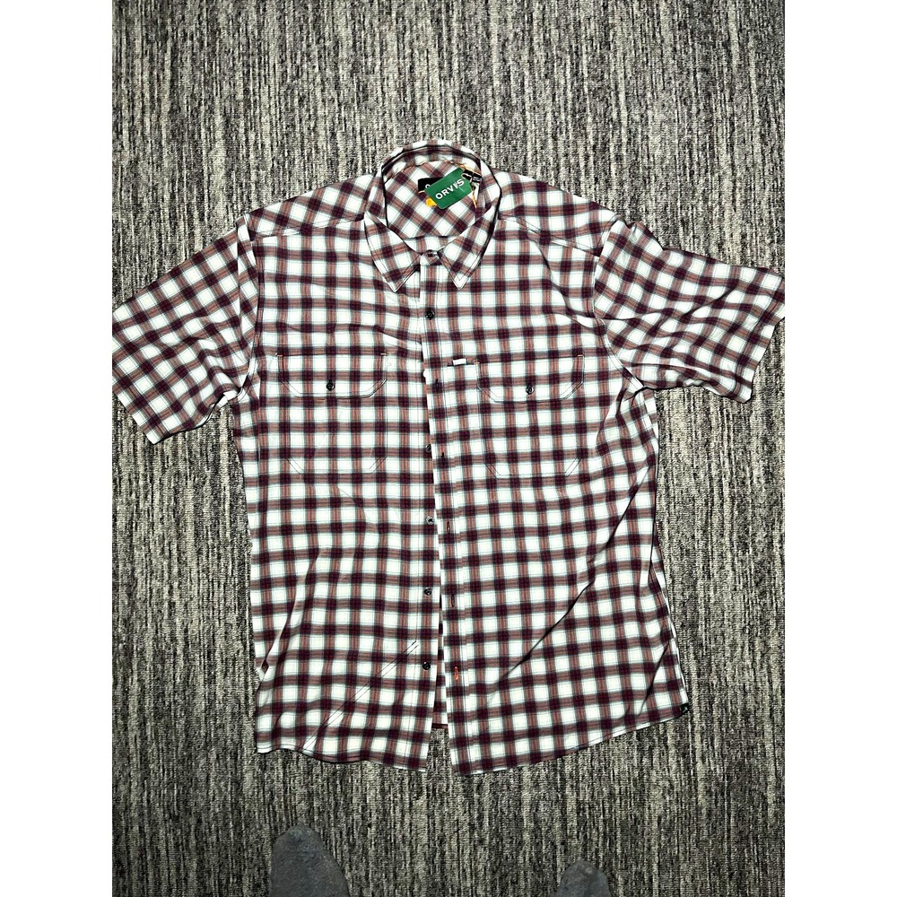 Orvis Stonefly L Active Fit Gray Red Black Plaid Short Sleeve Button-Up Shirt